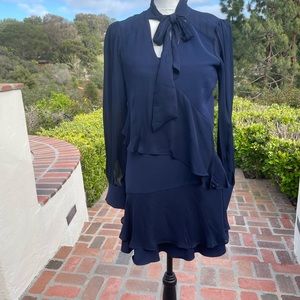 Parker Kenji Tie-Neck Long-Sleeve Ruffle Tiered Navy Chiffon short dress XS
